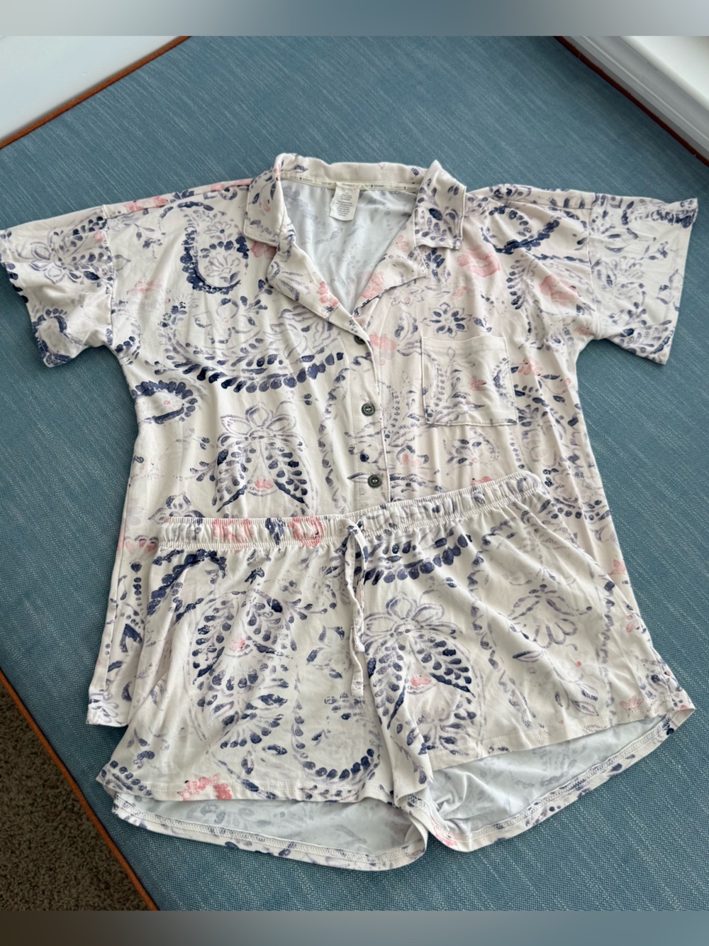 Lucky Brand Knit Pajama Set Short Sleeve Button Up Top & Shorts Paisley Size L